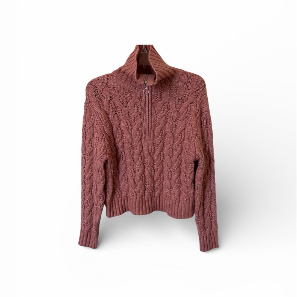 Sincerely Jules Cable Knit Quarter -Zip Boxy Sweater coral/pink Size S